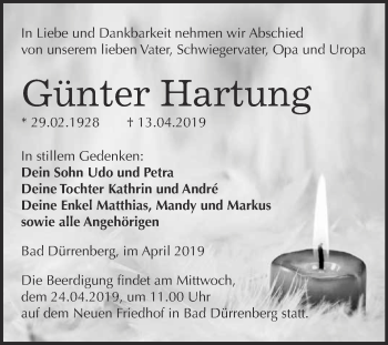 Traueranzeige von Günter Hartung von Super Sonntag Merseburg