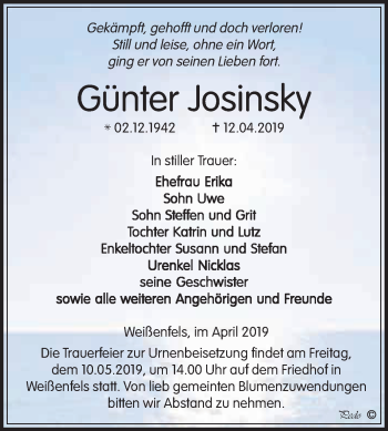 Traueranzeige von Günter Josinsky von WVG - Wochenspiegel NMB / WSF / ZTZ