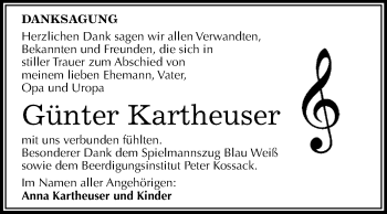 Traueranzeige von Günter Kartheuser von WVG - Wochenspiegel Dessau / Köthen