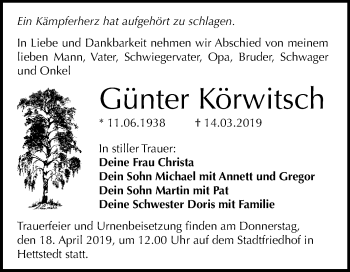 Traueranzeige von Günter Körwitsch von Wochenspiegel Mansfelder Land