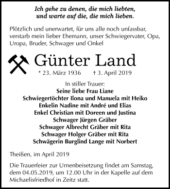 Traueranzeige von Günter Land von Mitteldeutsche Zeitung
