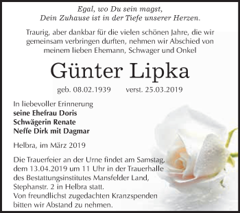 Traueranzeige von Günter Lipka von Wochenspiegel Mansfelder Land