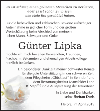 Traueranzeige von Günter Lipka von Wochenspiegel Mansfelder Land