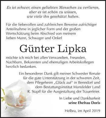 Traueranzeige von Günter Lipka von Mitteldeutsche Zeitung Mansfelder Land