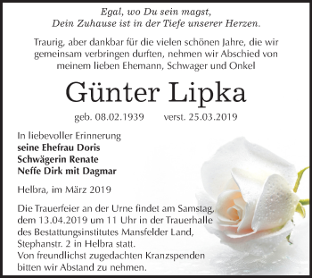 Traueranzeige von Günter Lipka von Mitteldeutsche Zeitung Mansfelder Land