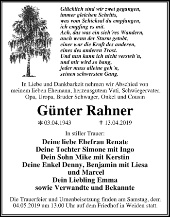 Traueranzeige von Günter Rahner von WVG - Wochenspiegel Dessau / Köthen