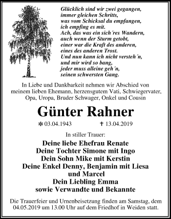 Traueranzeige von Günter Rahner von Mitteldeutsche Zeitung Wittenberg