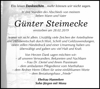 Traueranzeige von Günter Steinrecke von WVG - Wochenspiegel Dessau / Köthen
