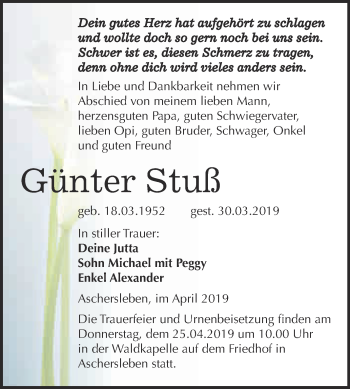 Traueranzeige von Günter Stuß von Super Sonntag Aschersleben