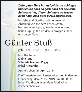 Traueranzeige von Günter Stuß von Mitteldeutsche Zeitung Aschersleben