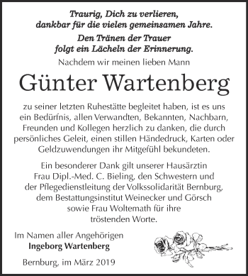 Traueranzeige von Günter Wartenberg von Super Sonntag Bernburg