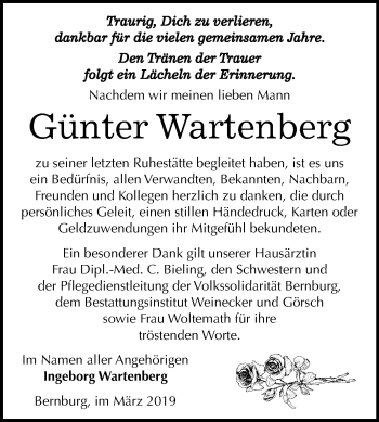 Traueranzeige von Günter Wartenberg von Mitteldeutsche Zeitung Bernburg