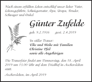 Traueranzeige von Günter Zufelde von Super Sonntag Aschersleben