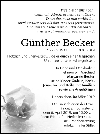 Traueranzeige von Günther Becker von Mitteldeutsche Zeitung Quedlinburg