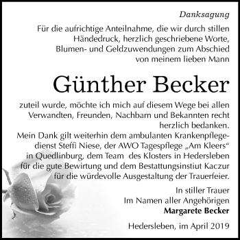 Traueranzeige von Günther Becker von Mitteldeutsche Zeitung Quedlinburg