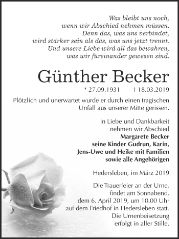 Traueranzeige von Günther Becker von WVG - Wochenspiegel Quedlinburg