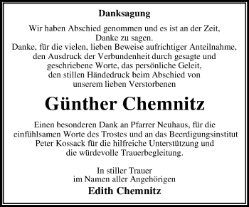 Traueranzeige von Günther Chemnitz von WVG - Wochenspiegel Dessau / Köthen