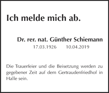 Traueranzeige von Günther Schiemann von WVG - Wochenspiegel Bitterfeld