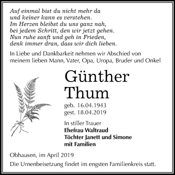 Traueranzeige von Günther Thum von Mitteldeutsche Zeitung Merseburg/Querfurt