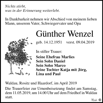 Traueranzeige von Günther Wenzel von Mitteldeutsche Zeitung Zeitz