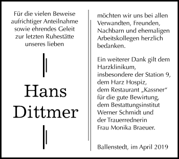 Traueranzeige von HAns Dittmer von WVG - Wochenspiegel Quedlinburg