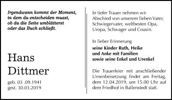 Traueranzeige von HAns Dittmer von Mitteldeutsche Zeitung Quedlinburg