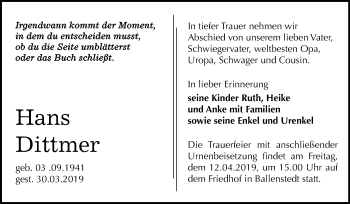Traueranzeige von HAns Dittmer von WVG - Wochenspiegel Quedlinburg