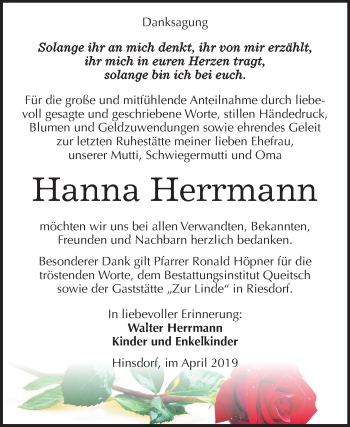 Traueranzeige von Hanna Herrmann von Mitteldeutsche Zeitung Köthen