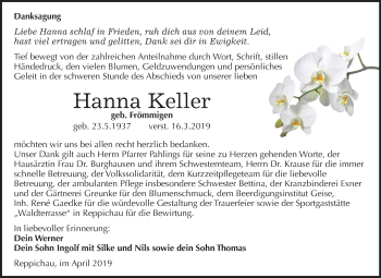 Traueranzeige von Hanna Keller von Mitteldeutsche Zeitung Köthen