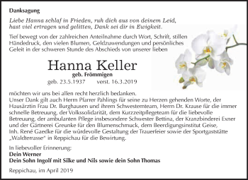 Traueranzeige von Hanna Keller von WVG - Wochenspiegel Dessau / Köthen