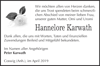 Traueranzeige von Hannelore Karwath von Super Sonntag Wittenberg