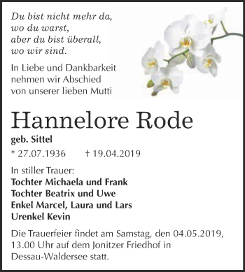 Traueranzeige von Hannelore Rode von WVG - Wochenspiegel Dessau / Köthen