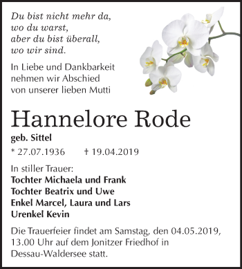Traueranzeige von Hannelore Rode von Mitteldeutsche Zeitung
