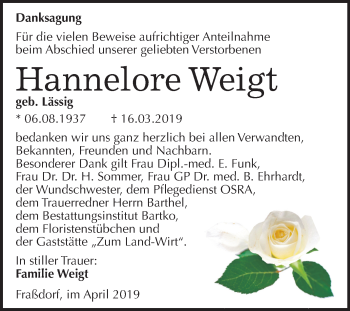 Traueranzeige von Hannelore Weigt von Mitteldeutsche Zeitung Köthen