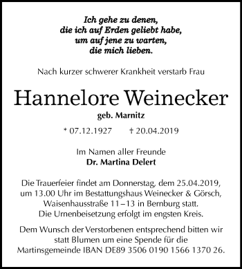Traueranzeige von Hannelore Weinecker von Mitteldeutsche Zeitung Bernburg