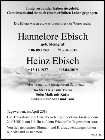 Traueranzeige von Hannelore und Heinz Ebisch von WVG - Wochenspiegel NMB / WSF / ZTZ