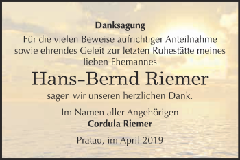 Traueranzeige von Hans-Bernd Riemer von WVG - Wochenspiegel Wittenberg