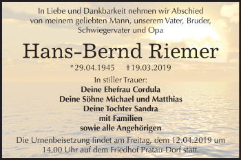 Traueranzeige von Hans-Bernd Riemer von Mitteldeutsche Zeitung Wittenberg