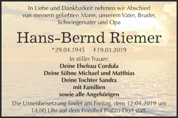 Traueranzeige von Hans-Bernd Riemer von WVG - Wochenspiegel Wittenberg