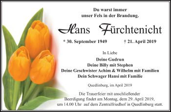 Traueranzeige von Hans Fürchtenicht von Mitteldeutsche Zeitung Quedlinburg