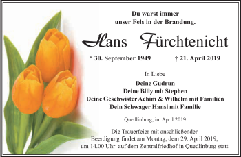 Traueranzeige von Hans Fürchtenicht von WVG - Wochenspiegel Quedlinburg