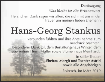 Traueranzeige von Hans-Georg Stankus von WVG - Wochenspiegel Bitterfeld