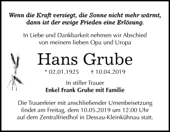 Traueranzeige von Hans Grube von WVG - Wochenspiegel Dessau / Köthen