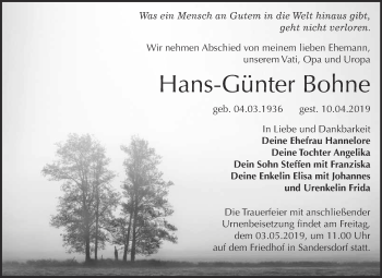 Traueranzeige von Hans-Günter Bohne von WVG - Wochenspiegel Bitterfeld