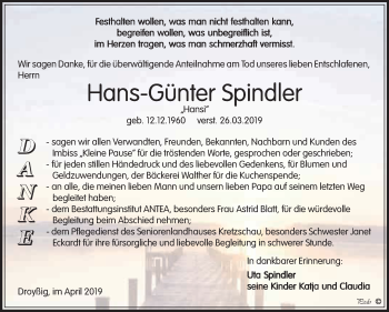 Traueranzeige von Hans-Günter Spindler von WVG - Wochenspiegel NMB / WSF / ZTZ