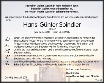Traueranzeige von Hans-Günter Spindler von Mitteldeutsche Zeitung Zeitz