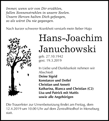 Traueranzeige von Hans-Joachim Januchowski von WVG - Wochenspiegel Merseburg