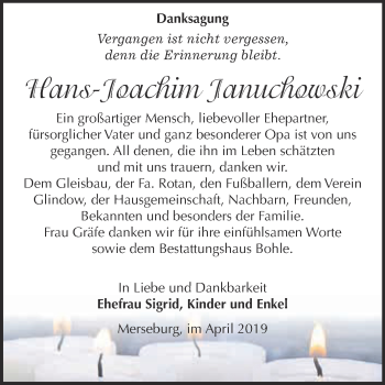 Traueranzeige von Hans-Joachim Januchowski von WVG - Wochenspiegel Merseburg