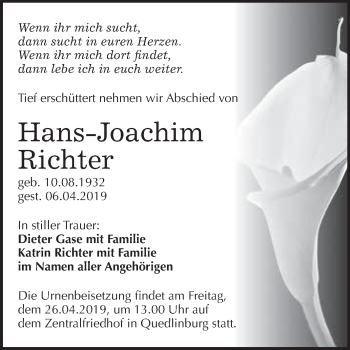 Traueranzeige von Hans-Joachim Richter von WVG - Wochenspiegel Quedlinburg