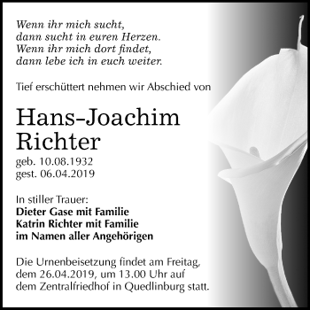 Traueranzeige von Hans-Joachim Richter von Mitteldeutsche Zeitung